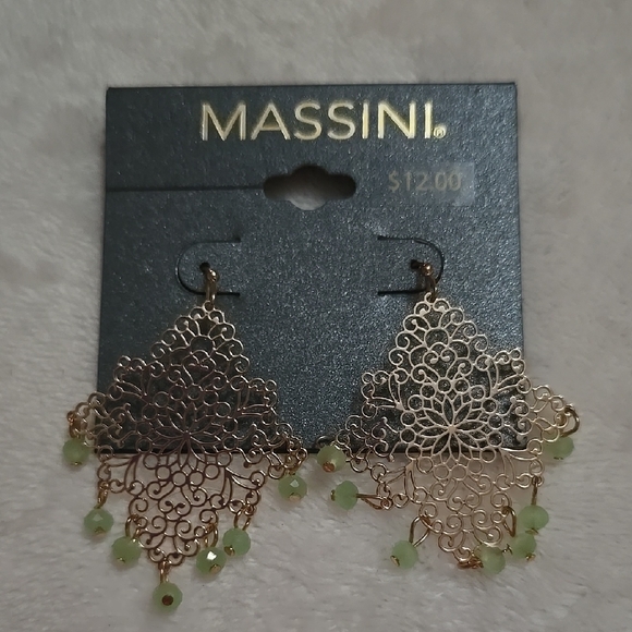 Massini Gold and Green Filigree Earrings with‎ Beads - Picture 1 of 4